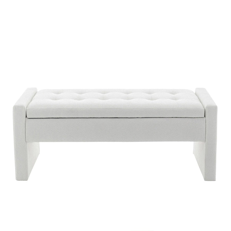 Banc de rangement rectangulaire rembourré en tissu bouclette avec couvercle à charnière
