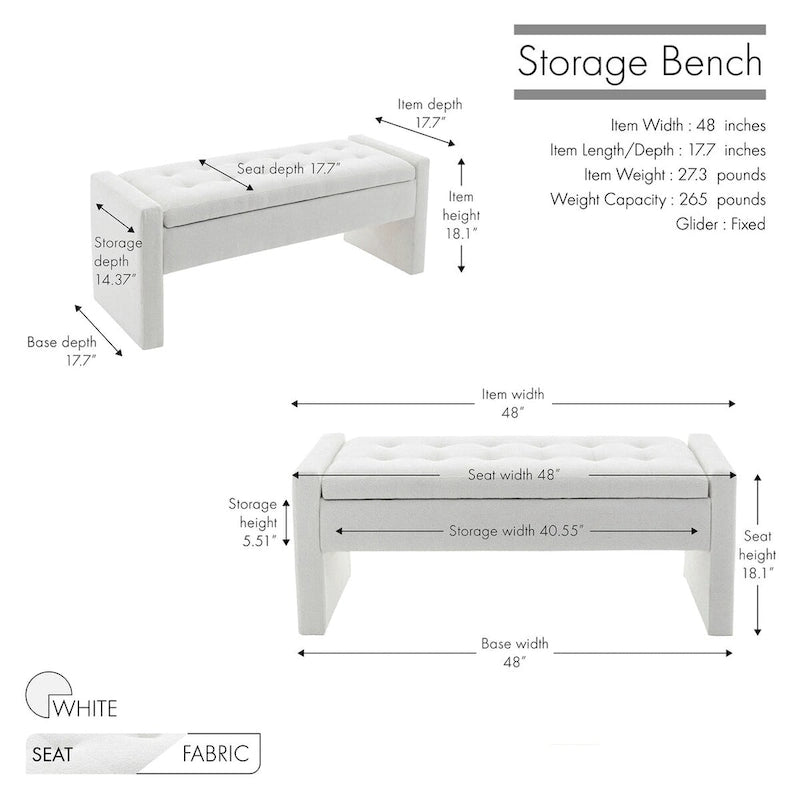 Banc de rangement rectangulaire rembourré en tissu bouclette avec couvercle à charnière