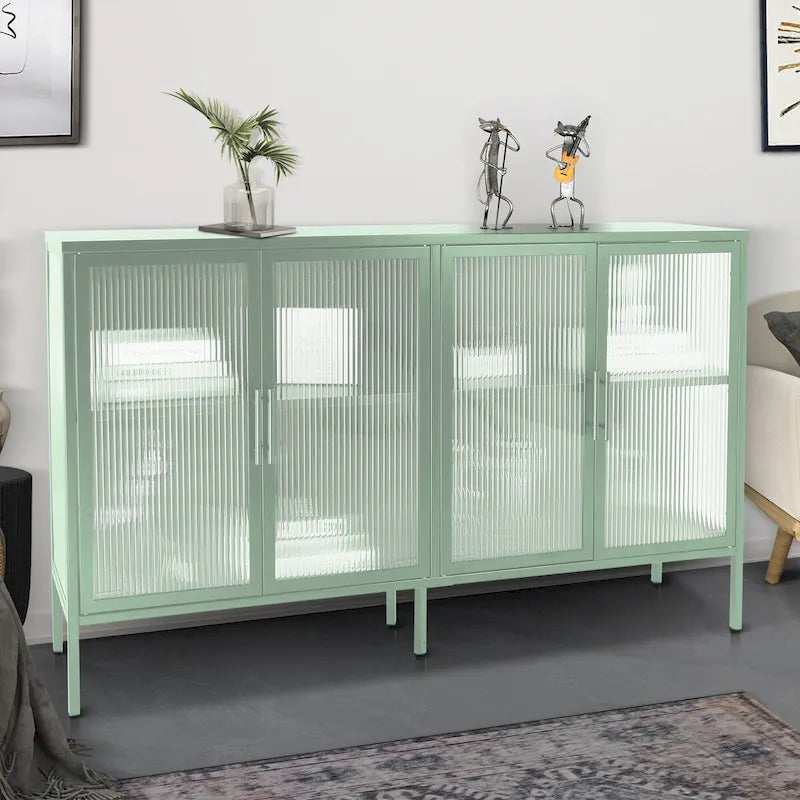 Bahut métallique 4 portes avec verre trempé cannelé et étagère réglable