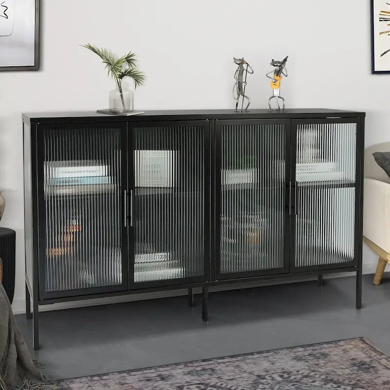 Bahut métallique 4 portes avec verre trempé cannelé et étagère réglable