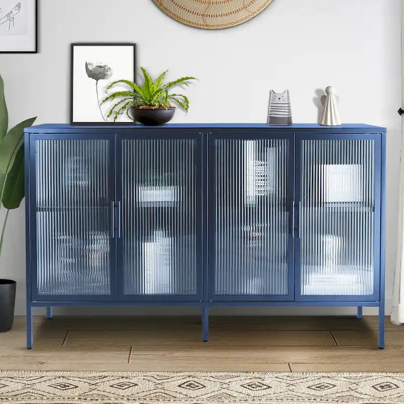 Bahut métallique 4 portes avec verre trempé cannelé et étagère réglable