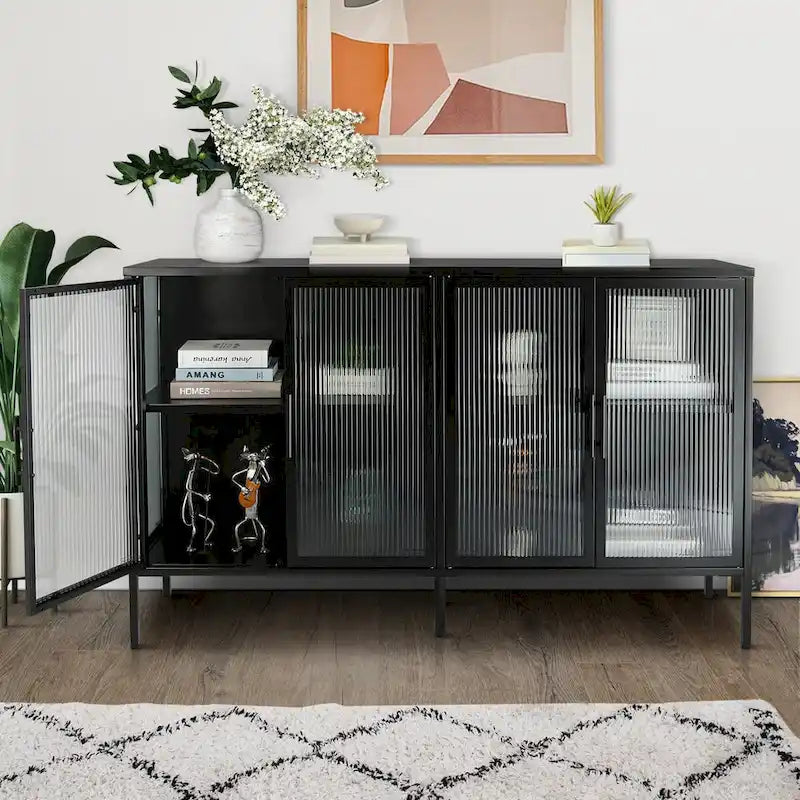 Bahut métallique 4 portes avec verre trempé cannelé et étagère réglable