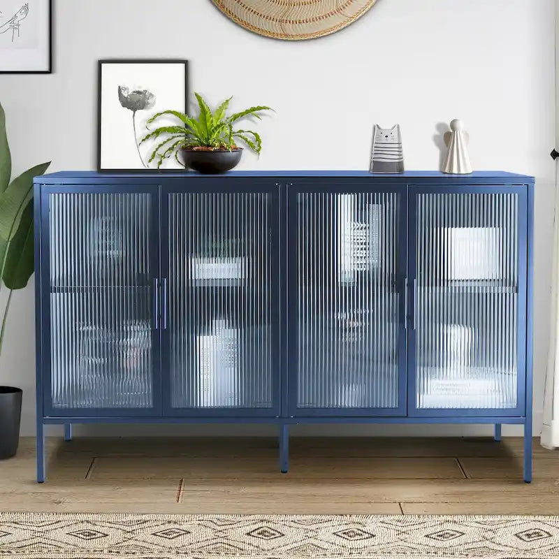 Bahut métallique 4 portes avec verre trempé cannelé et étagère réglable