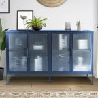 Bahut métallique 4 portes avec verre trempé cannelé et étagère réglable