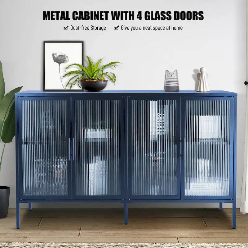Bahut métallique 4 portes avec verre trempé cannelé et étagère réglable