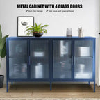 Bahut métallique 4 portes avec verre trempé cannelé et étagère réglable