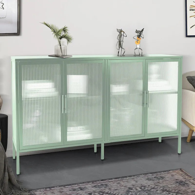 Bahut métallique 4 portes avec verre trempé cannelé et étagère réglable