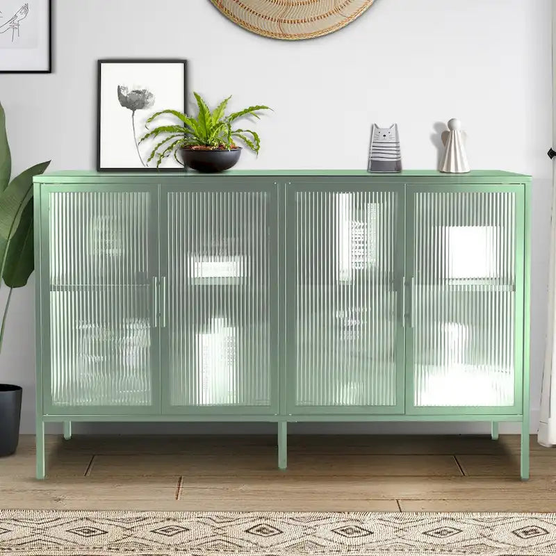 Bahut métallique 4 portes avec verre trempé cannelé et étagère réglable