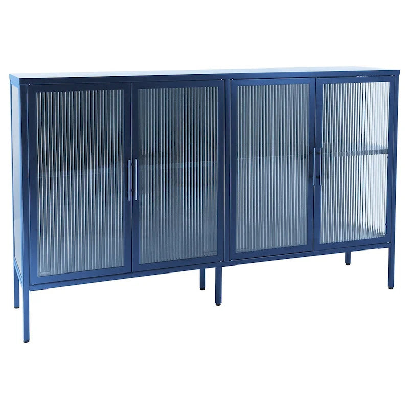 Bahut métallique 4 portes avec verre trempé cannelé et étagère réglable