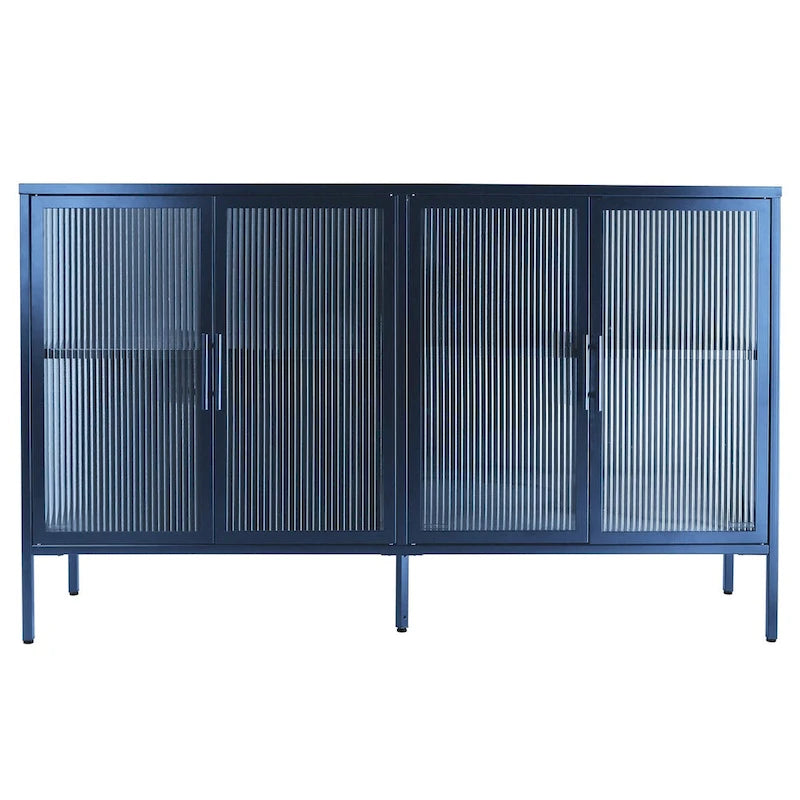 Bahut métallique 4 portes avec verre trempé cannelé et étagère réglable