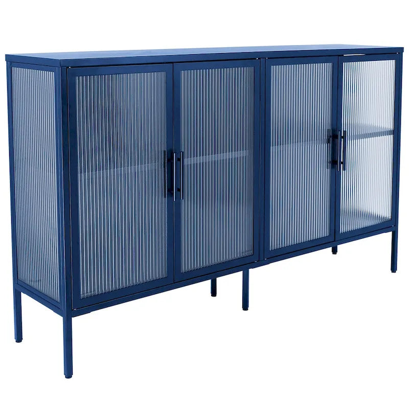 Bahut métallique 4 portes avec verre trempé cannelé et étagère réglable