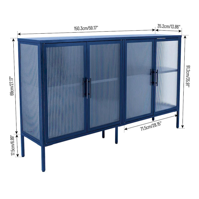 Bahut métallique 4 portes avec verre trempé cannelé et étagère réglable