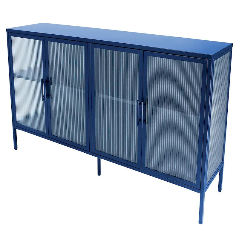 Bahut métallique 4 portes avec verre trempé cannelé et étagère réglable
