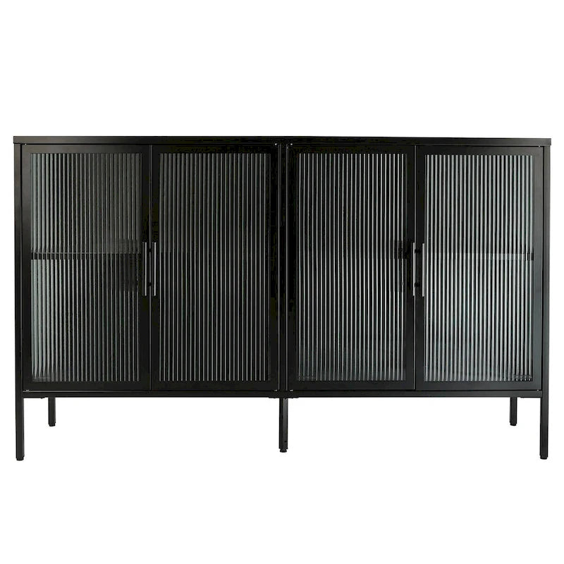 Bahut métallique 4 portes avec verre trempé cannelé et étagère réglable