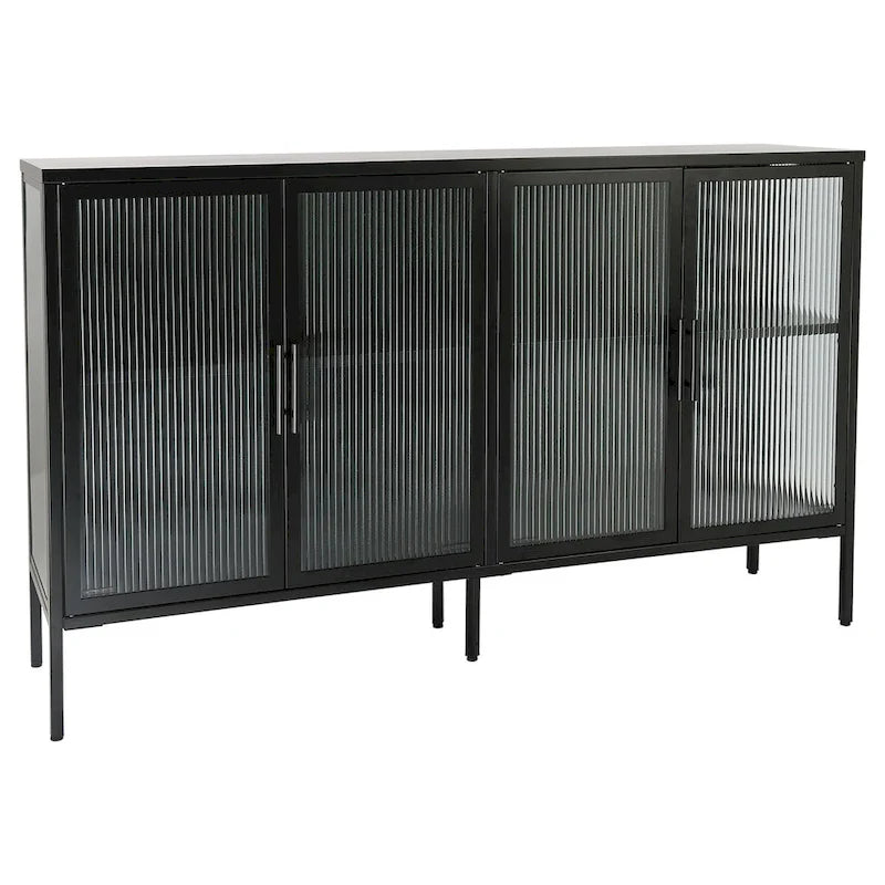 Bahut métallique 4 portes avec verre trempé cannelé et étagère réglable