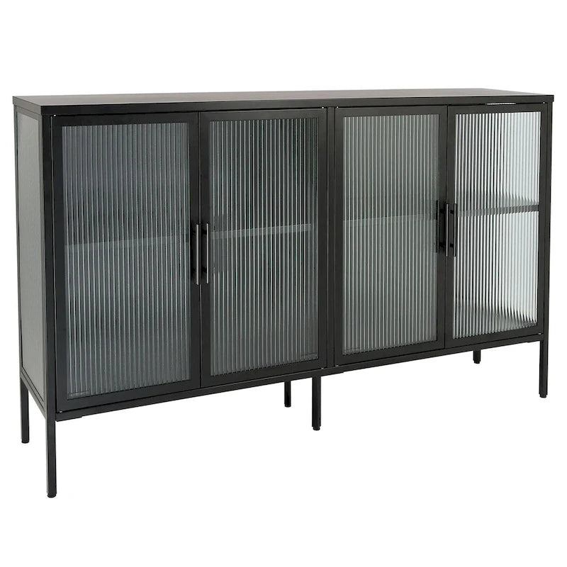 Bahut métallique 4 portes avec verre trempé cannelé et étagère réglable