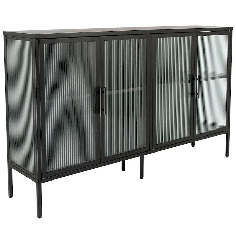 Bahut métallique 4 portes avec verre trempé cannelé et étagère réglable