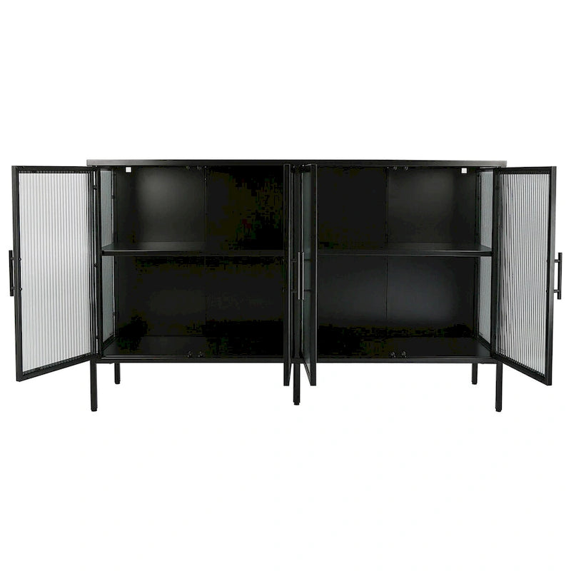 Bahut métallique 4 portes avec verre trempé cannelé et étagère réglable