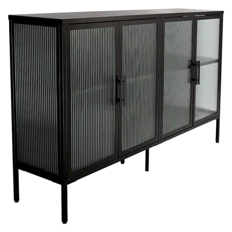 Bahut métallique 4 portes avec verre trempé cannelé et étagère réglable