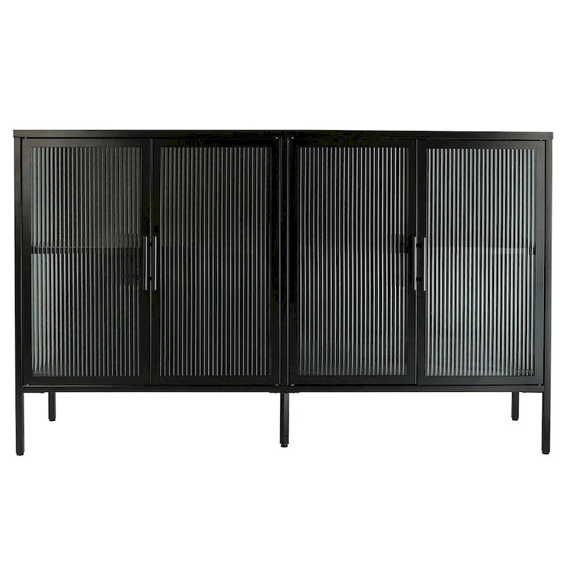 Bahut métallique 4 portes avec verre trempé cannelé et étagère réglable