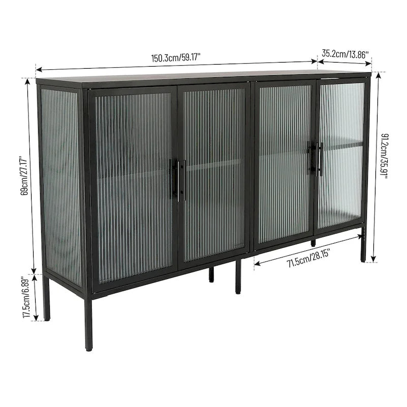 Bahut métallique 4 portes avec verre trempé cannelé et étagère réglable