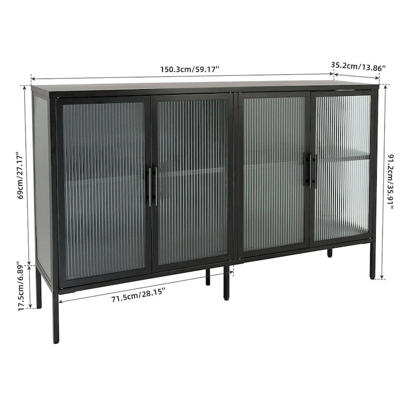 Bahut métallique 4 portes avec verre trempé cannelé et étagère réglable