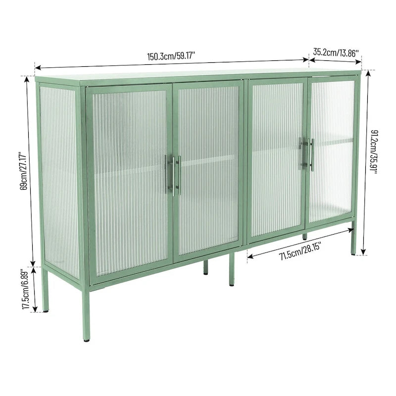 Bahut métallique 4 portes avec verre trempé cannelé et étagère réglable