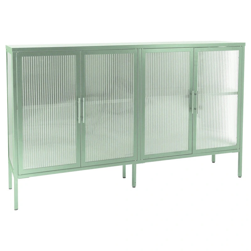 Bahut métallique 4 portes avec verre trempé cannelé et étagère réglable