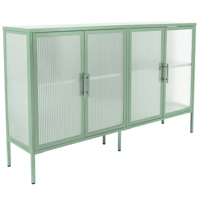Bahut métallique 4 portes avec verre trempé cannelé et étagère réglable