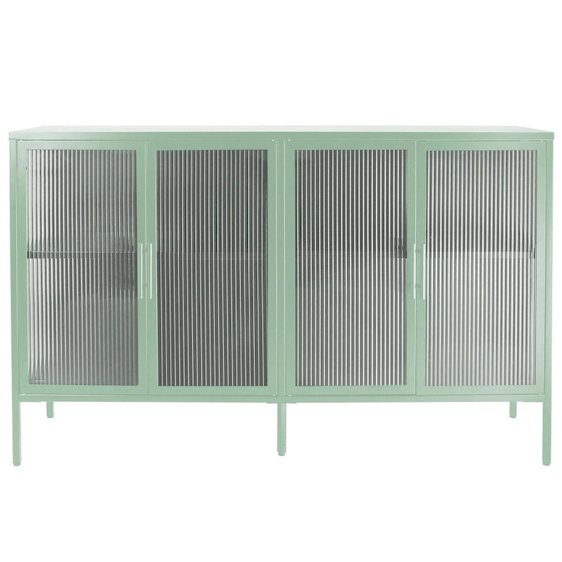 Bahut métallique 4 portes avec verre trempé cannelé et étagère réglable