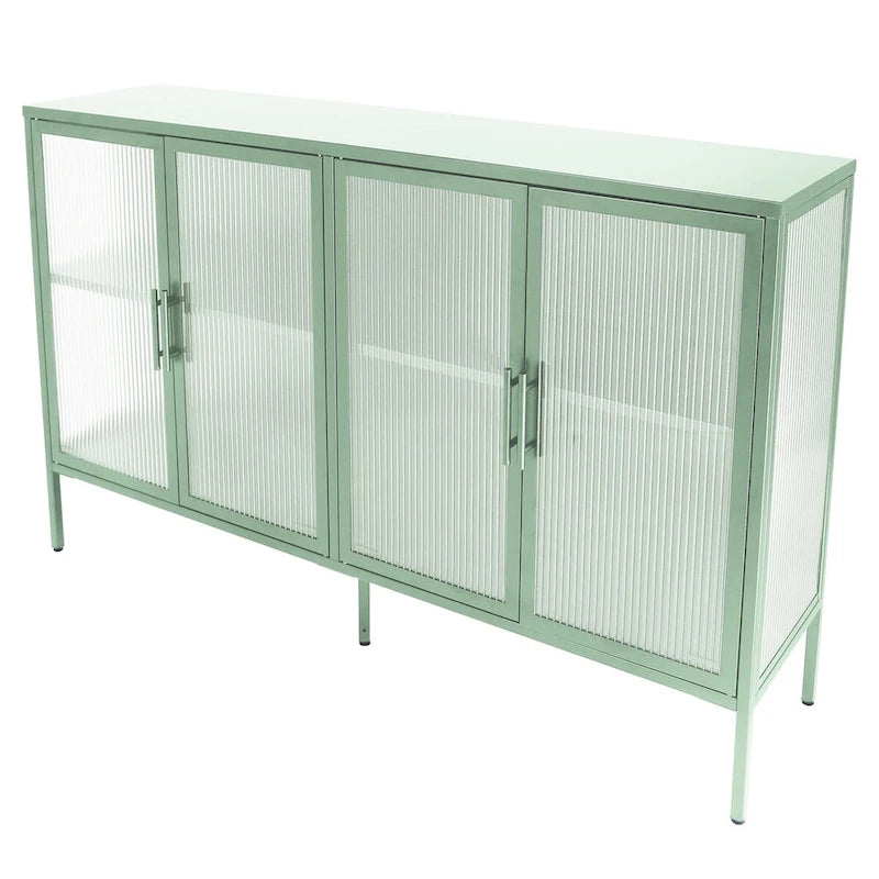 Bahut métallique 4 portes avec verre trempé cannelé et étagère réglable