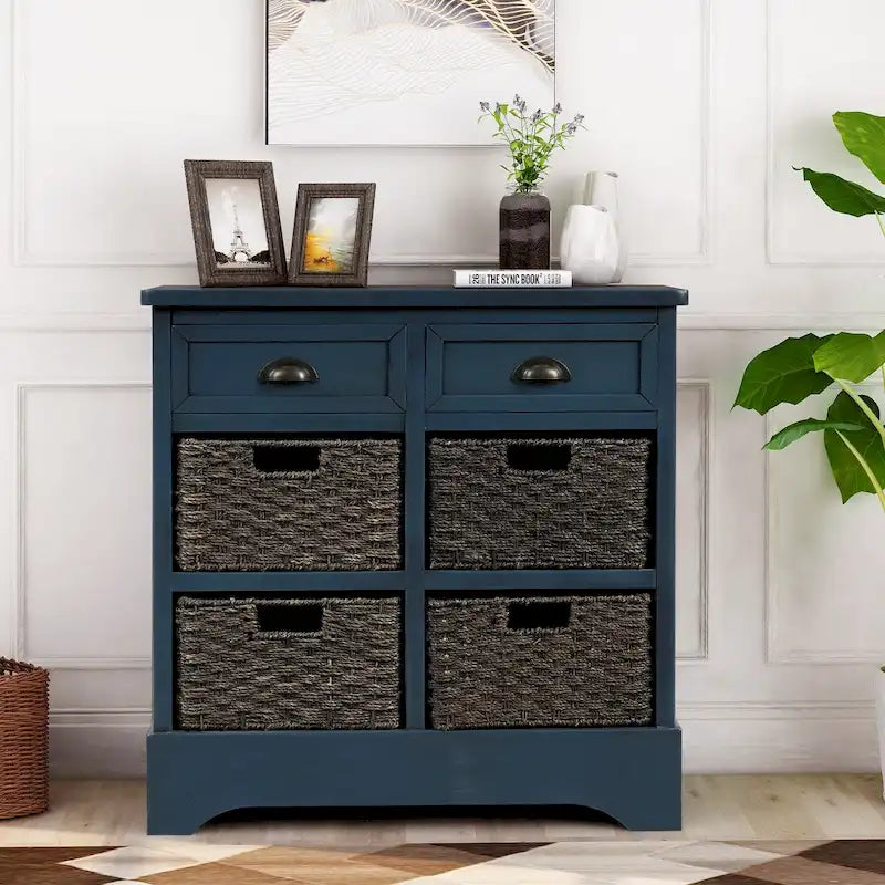 Meuble de rangement rustique avec deux tiroirs et quatre paniers en rotin classiques pour la salle à manger/l'entrée/le salon