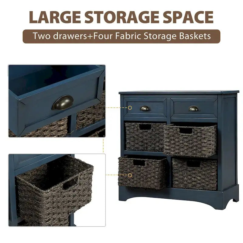 Meuble de rangement rustique avec deux tiroirs et quatre paniers en rotin classiques pour la salle à manger/l'entrée/le salon
