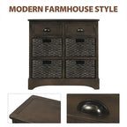 Meuble de rangement rustique avec deux tiroirs et quatre paniers en rotin classiques pour la salle à manger/l'entrée/le salon