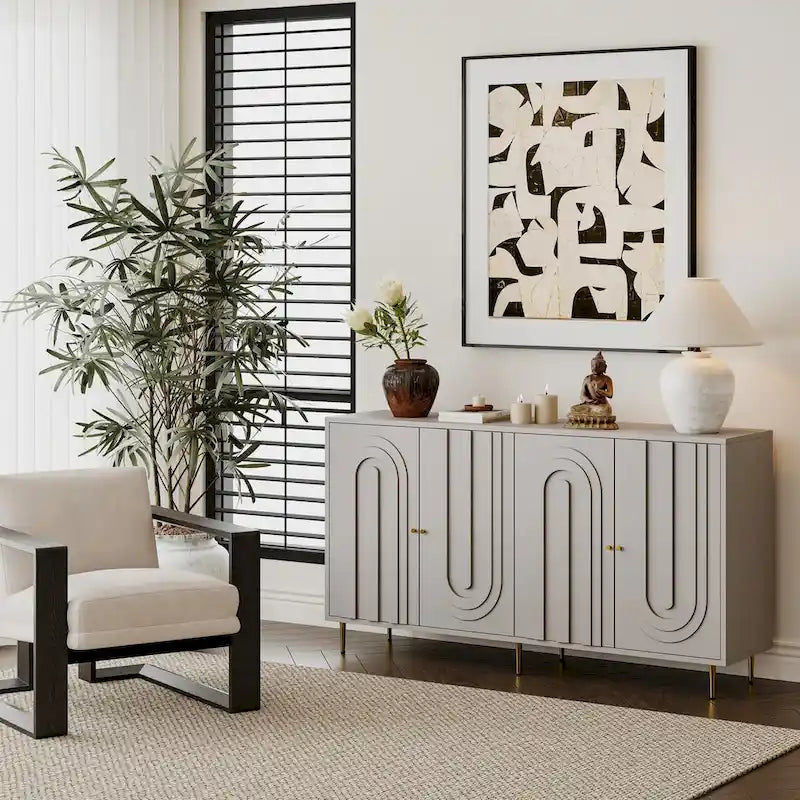 Bahut Commode Buffet Armoire en Bois Laqué Moderne à 4 Portes
