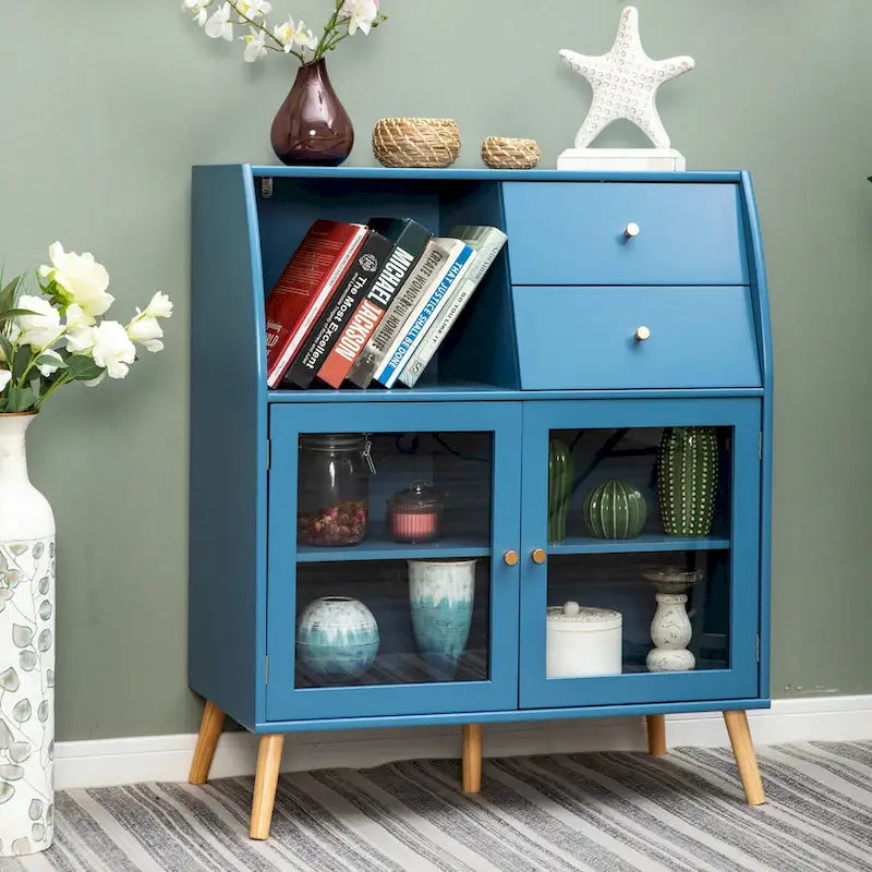 Buffet de salle à manger bleu avec portes vitrées