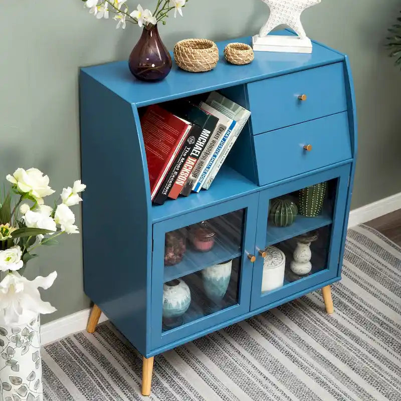 Buffet de salle à manger bleu avec portes vitrées