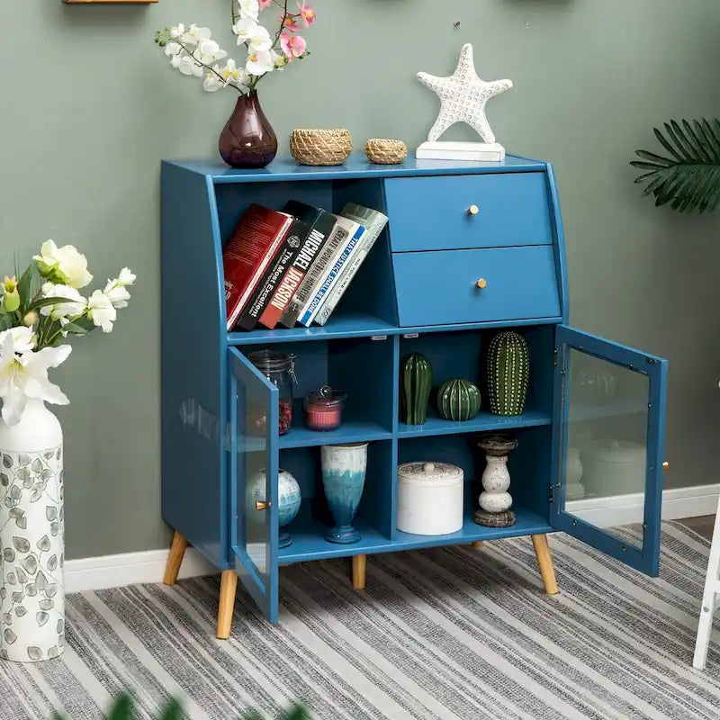 Buffet de salle à manger bleu avec portes vitrées