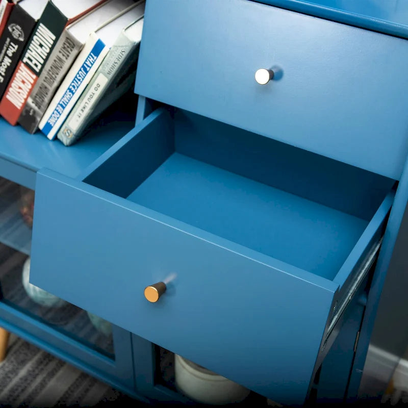 Buffet de salle à manger bleu avec portes vitrées