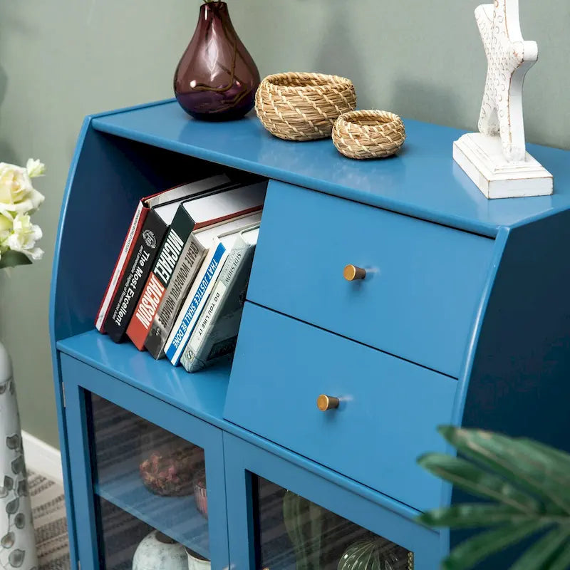Buffet de salle à manger bleu avec portes vitrées
