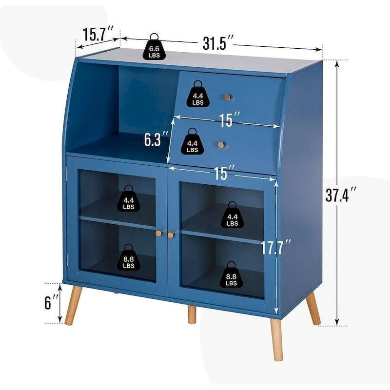 Buffet de salle à manger bleu avec portes vitrées