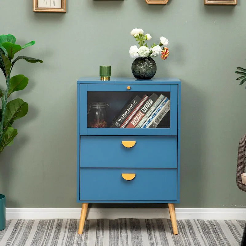 Buffet de salle à manger bleu avec portes vitrées