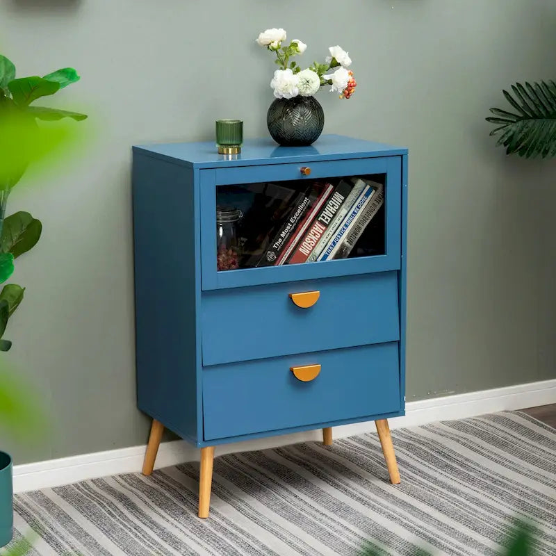 Buffet de salle à manger bleu avec portes vitrées