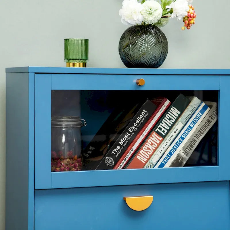 Buffet de salle à manger bleu avec portes vitrées