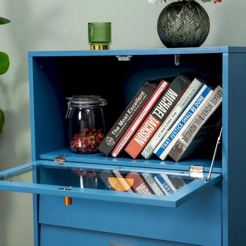 Buffet de salle à manger bleu avec portes vitrées