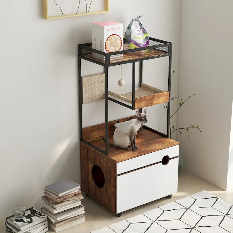 Meubles cache-litière avec arbre à chat, meuble pour chat, meuble-litière