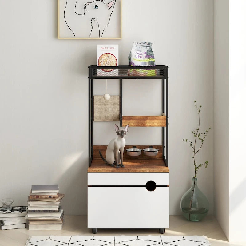 Meubles cache-litière avec arbre à chat, meuble pour chat, meuble-litière