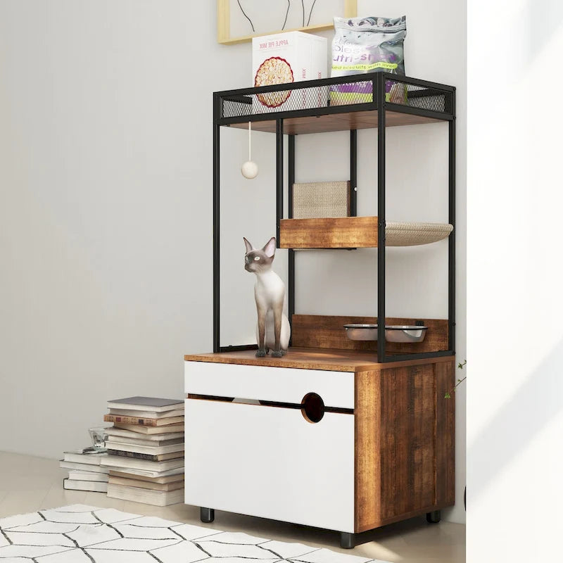 Meubles cache-litière avec arbre à chat, meuble pour chat, meuble-litière