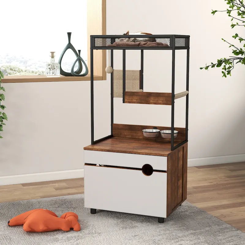 Meubles cache-litière avec arbre à chat, meuble pour chat, meuble-litière