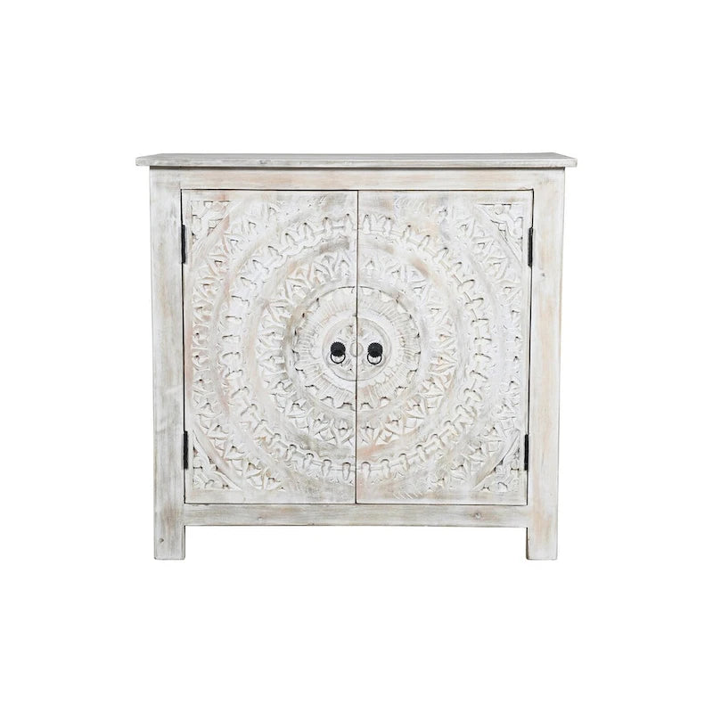Armoire d'appoint deux portes sculptée à la main, finition blanchie